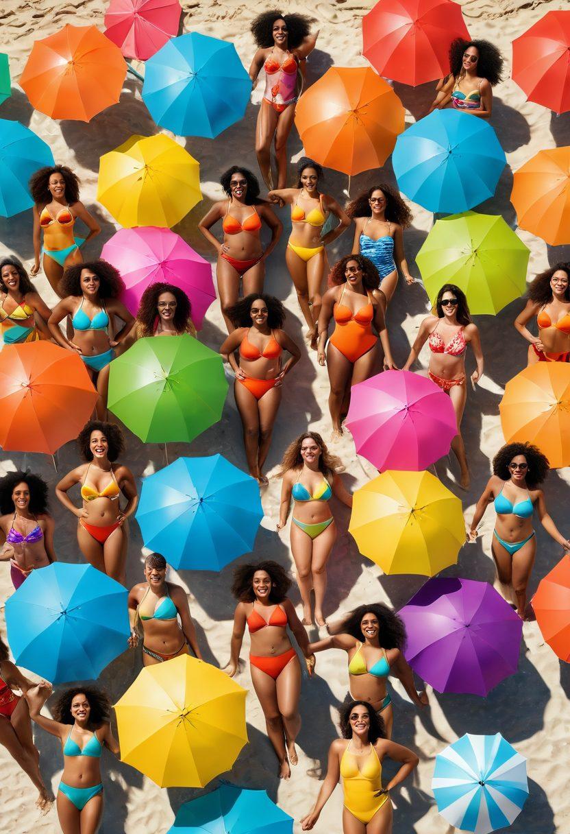 A sunlit beach scene showcasing diverse individuals of varying body types joyfully wearing colorful swimwear, embracing their unique selves. Include vibrant beach umbrellas and a gentle ocean in the background, with laughter and movement capturing the essence of summer fun. The atmosphere should radiate positivity, inclusivity, and self-love. Bright colors. 3D. High-resolution.